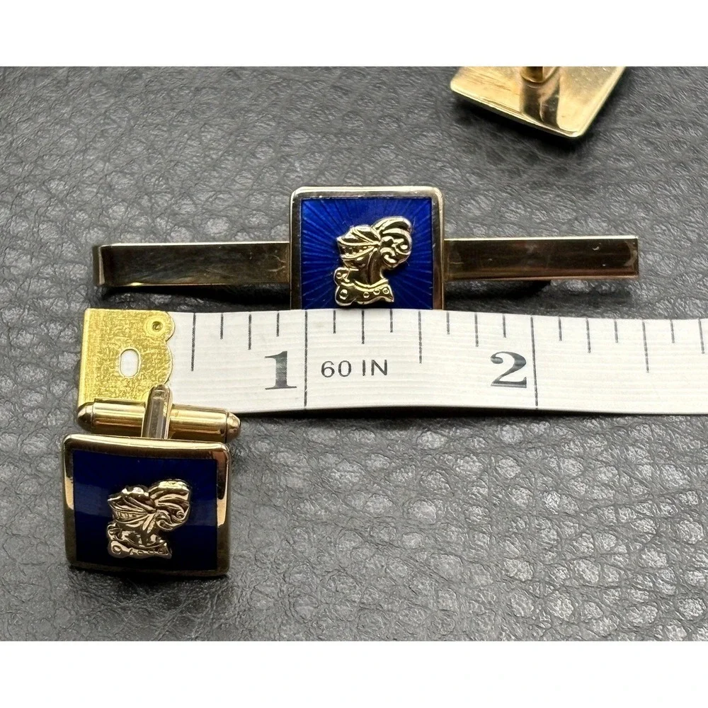 Vintage Knight Heraldic Soldier Blue Guilloche Enamel Cufflinks Tie Clip Set